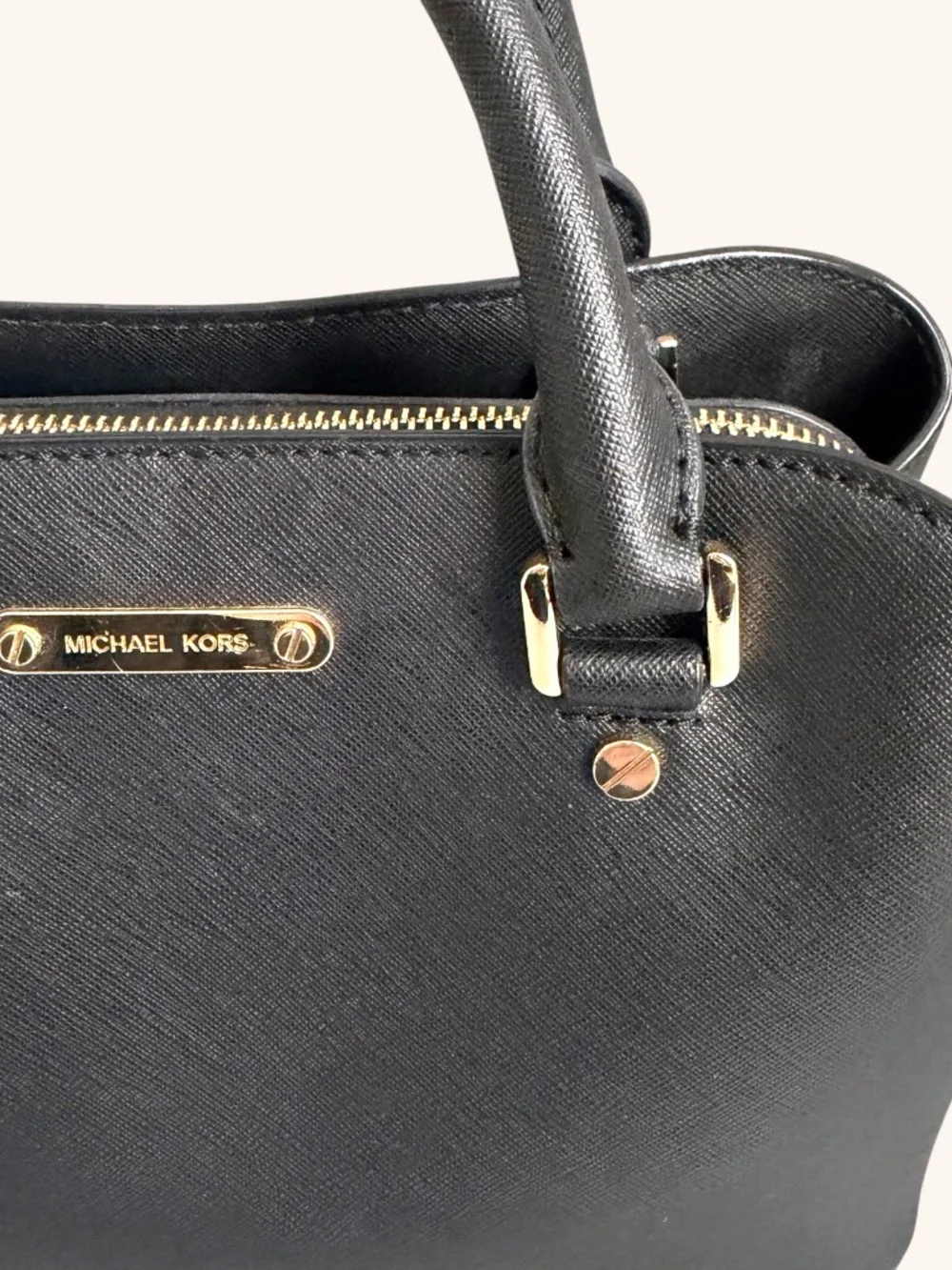Michael Kors Small Saffiano Leather Top Handle Satchel Crossbody Bag Black Gold